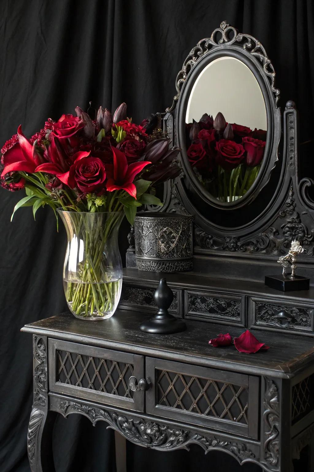 Shadowy blossoms introduce an organic theatric effect to your gothic vanity.