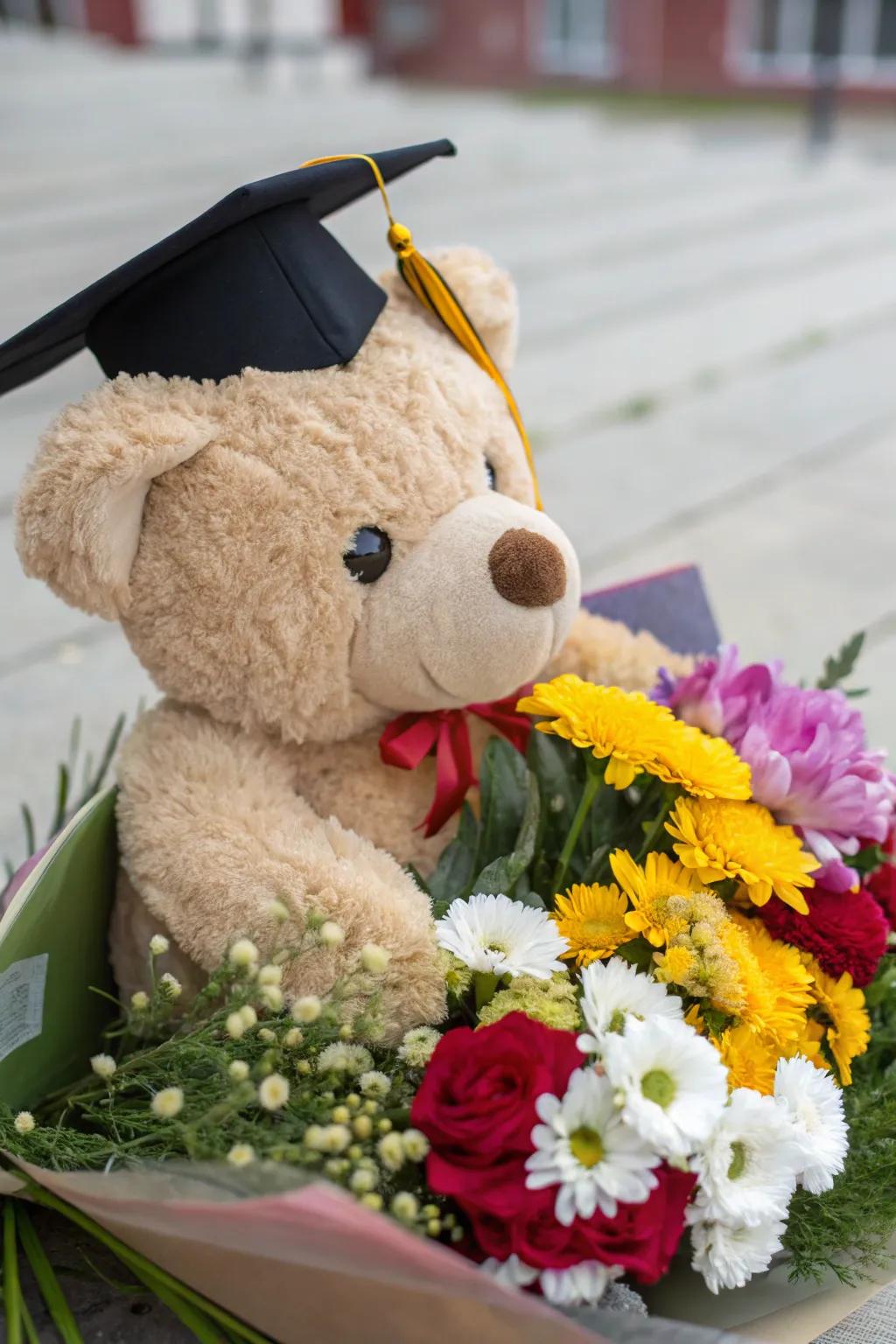 A whimsical arrangement showcasing a plush teddy bear for graduation.