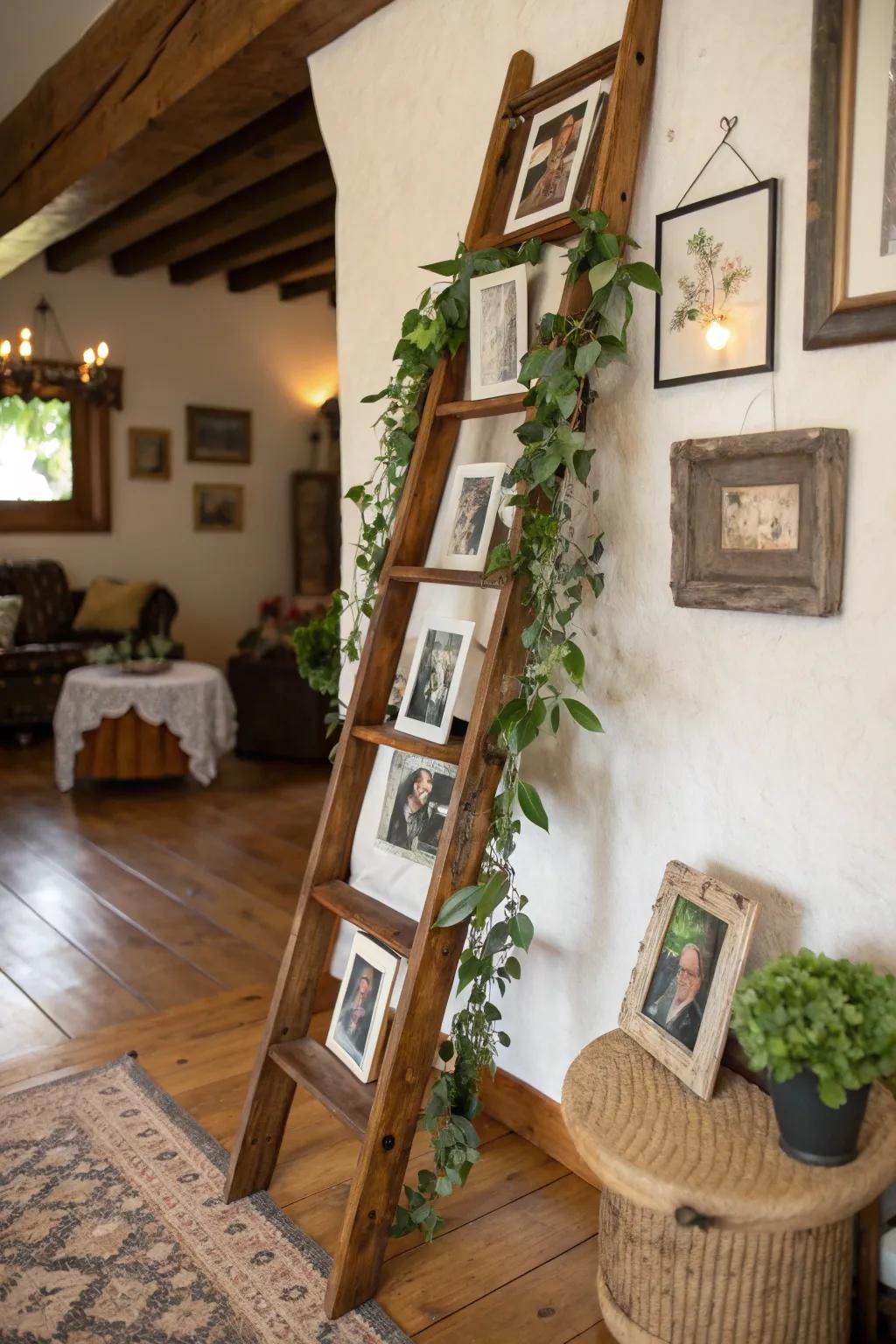A homespun ladder display enhances the graduation photo showcase with height and charm.