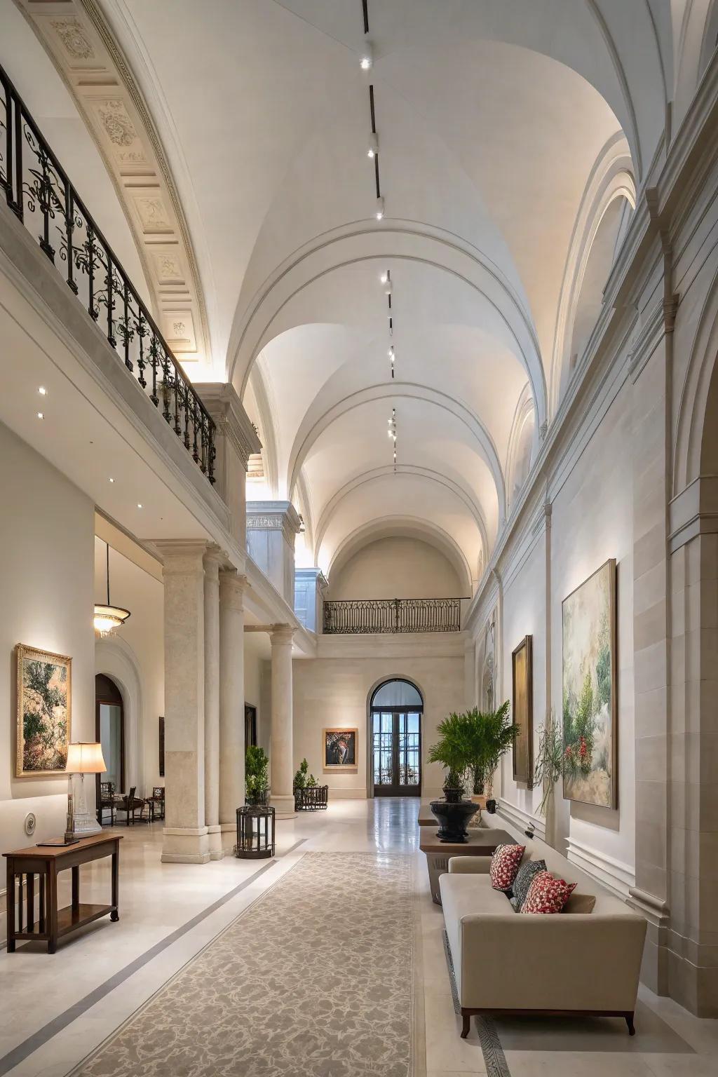 An open and breezy majestic entryway with soaring ceilings evokes a sense of spaciousness.