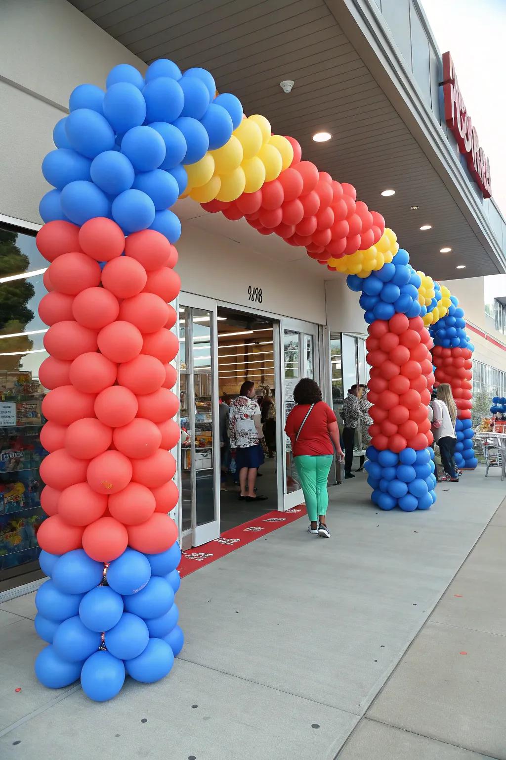 Themed balloon columns craft a memorable entrance for attendees.