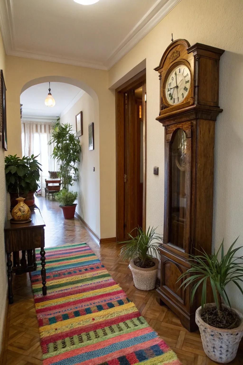 A hallway gains identity with a longcase clock and vibrant decorative items.