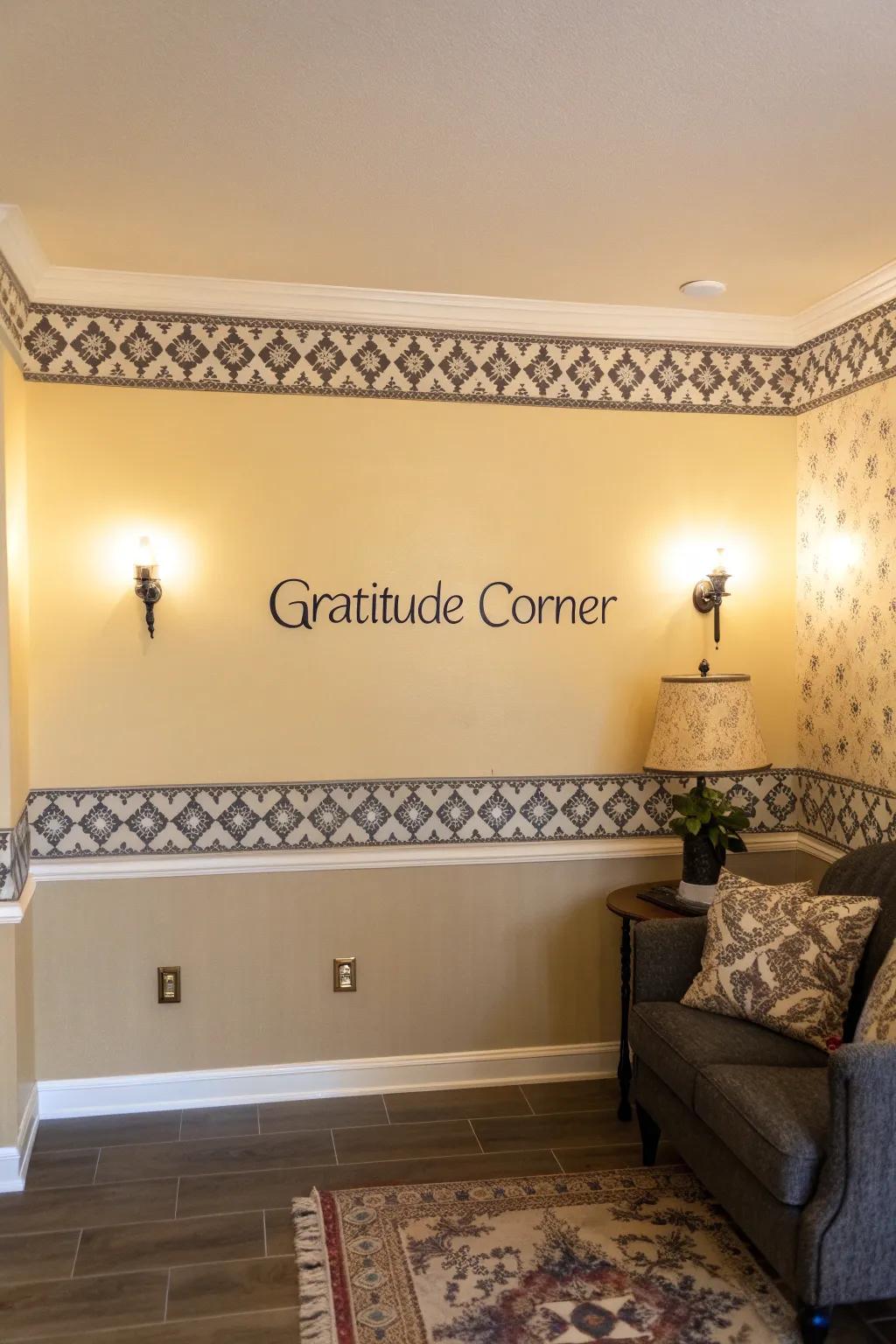 A thankfulness wall featuring themed surrounds and titles.