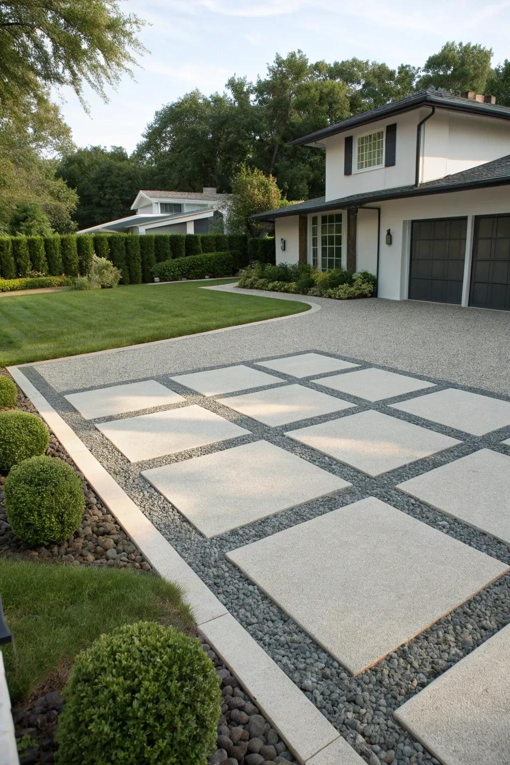 Geometric paver patterns boost the driveway's visual appeal.