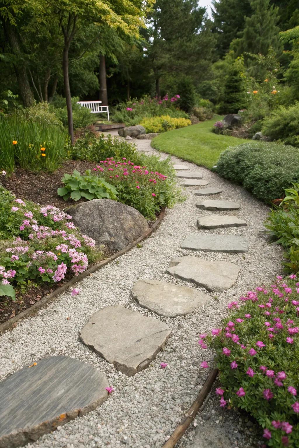 Pavers traversing through a pebble flower bed