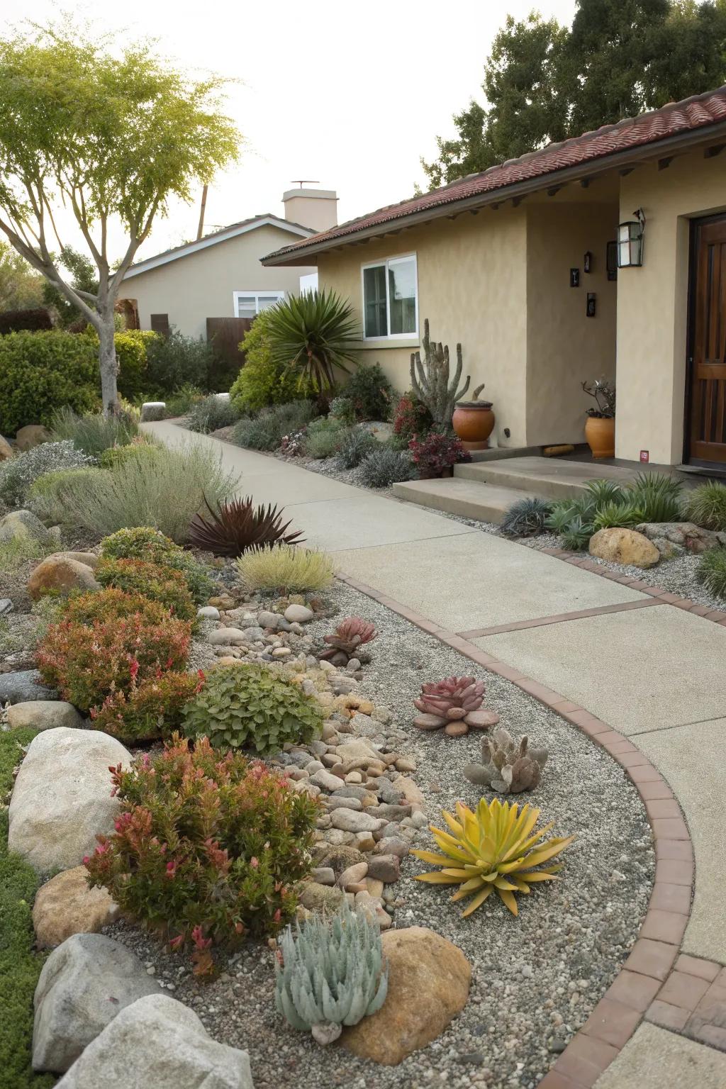 Lush succulents and ornamental grasses highlight gravel beautifully.
