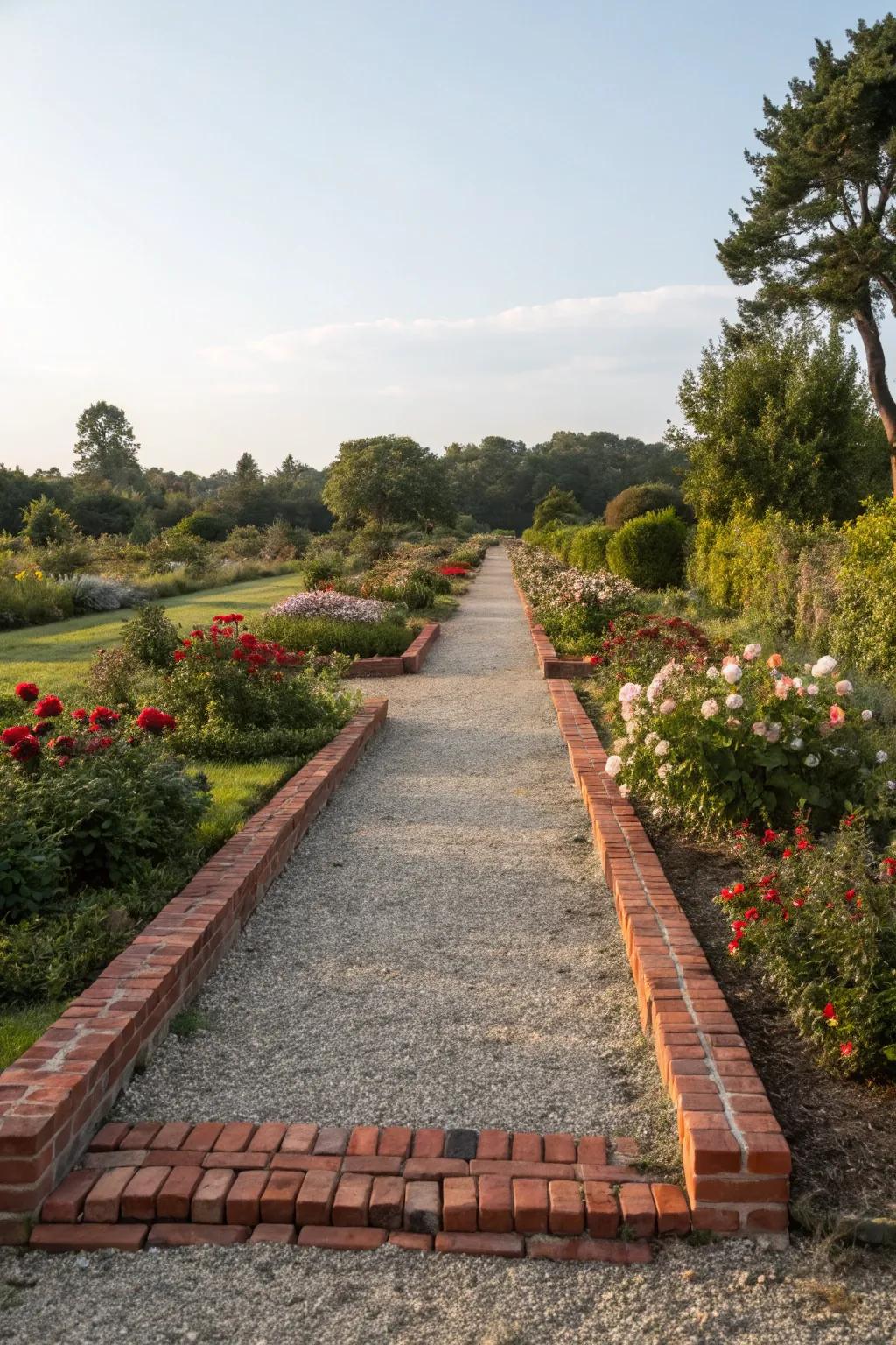 Brick trim provides a distinct border to a stone walkway.