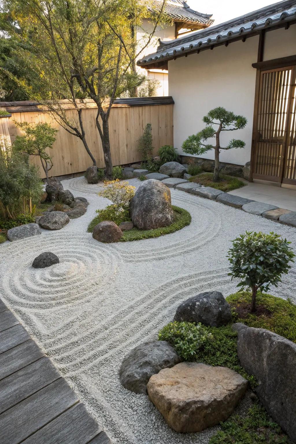 A soothing Zen garden nestled inside a gravel patio, best for meditation.