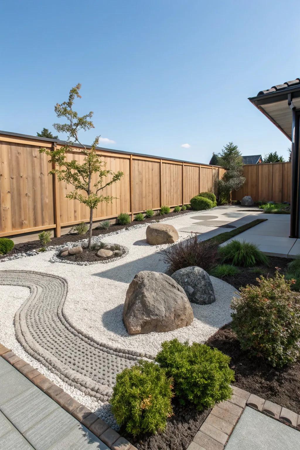 A tranquil Zen garden featuring gravel, perfect for meditation and unwinding.