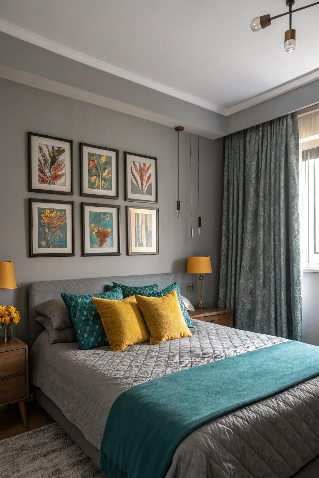 Bold details revive a serene gray bedroom.