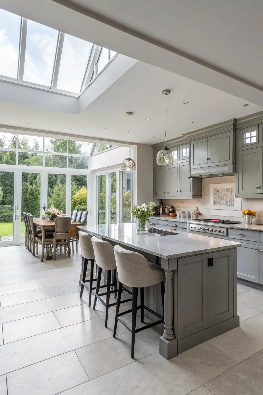 Gray cabinets bring consistency to this open-concept kitchen.