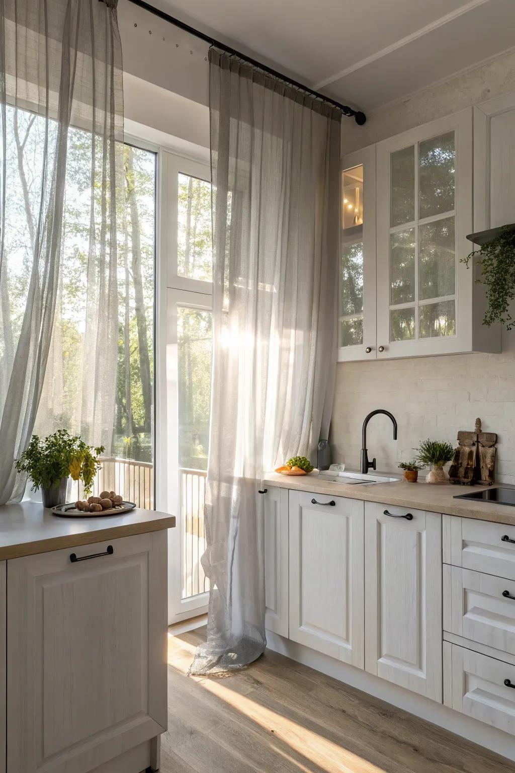 Delicate gray drapes offer seclusion while preserving brightness.