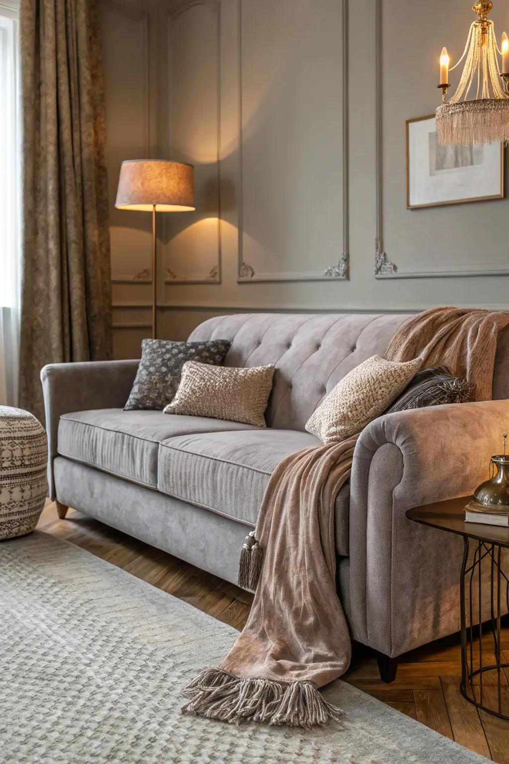 Textured fabrics add warmth and depth to gray spaces.