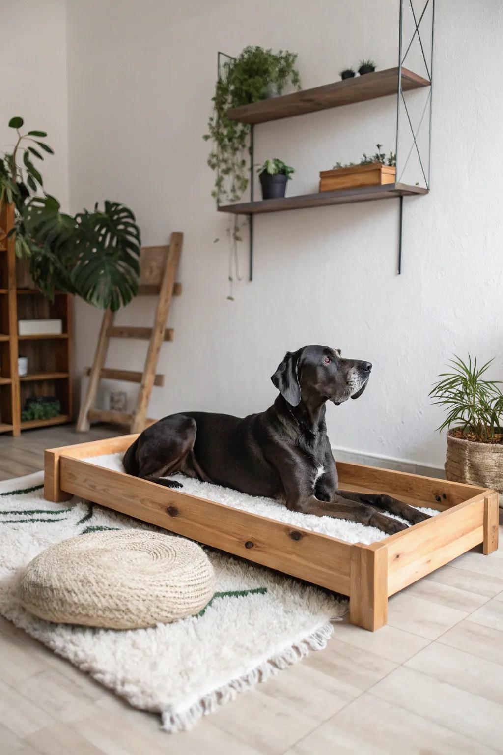 Raised wooden beds offer both support and style for your Great Dane's resting spot.