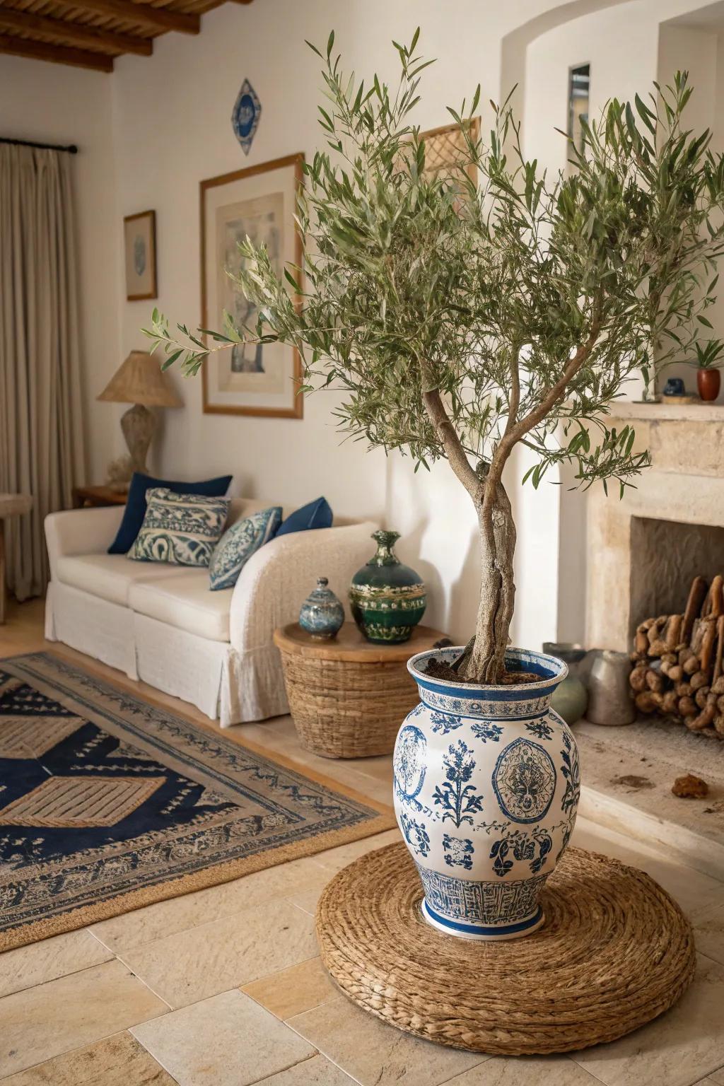 Mediterranean greeneries like olive trees augment the Greek aesthetic.