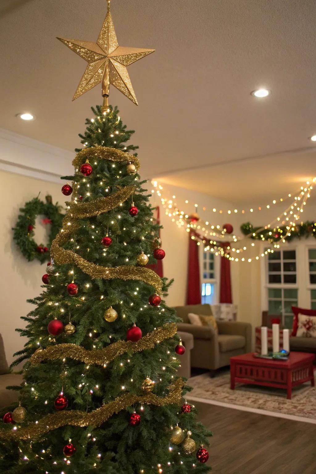 An elegant glimmering star perched atop a Christmas tree