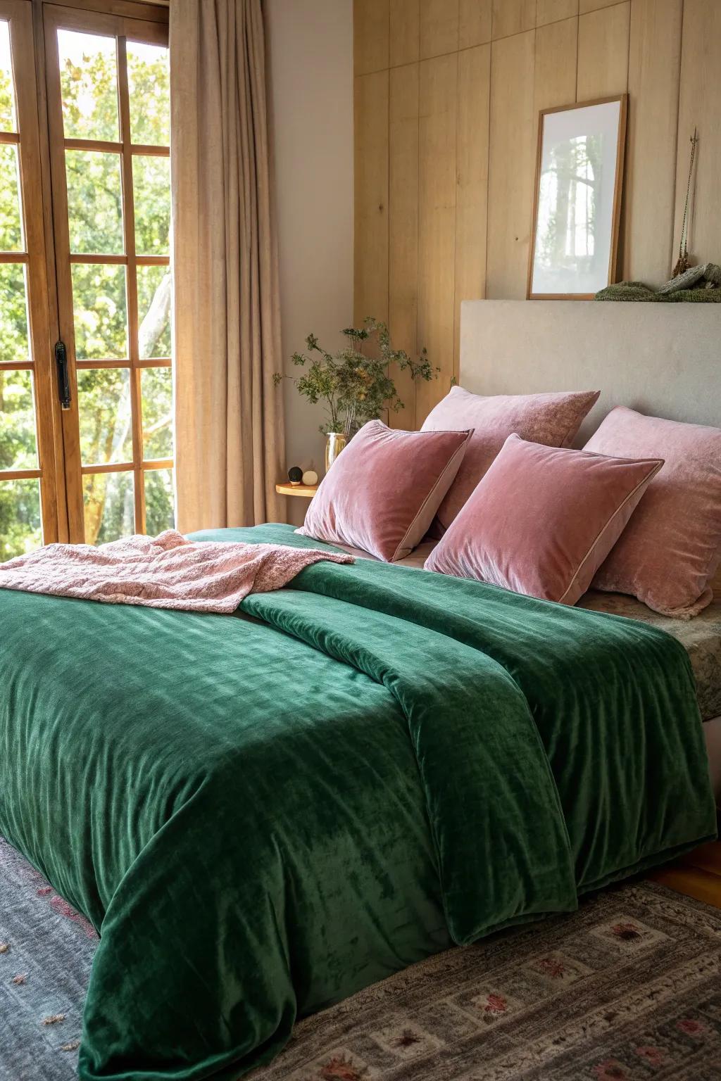 The luxury and comfort conveyed by velvet bedding in green and rose.