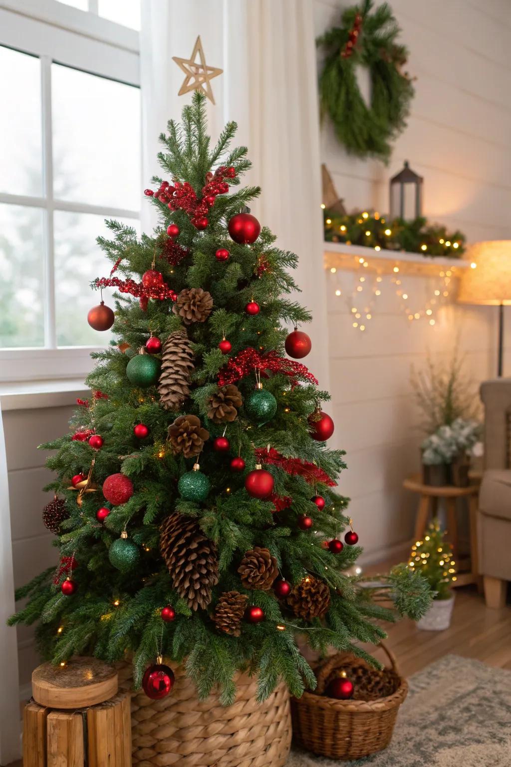 A Christmas tree featuring organic elements that complement the emerald and crimson theme.