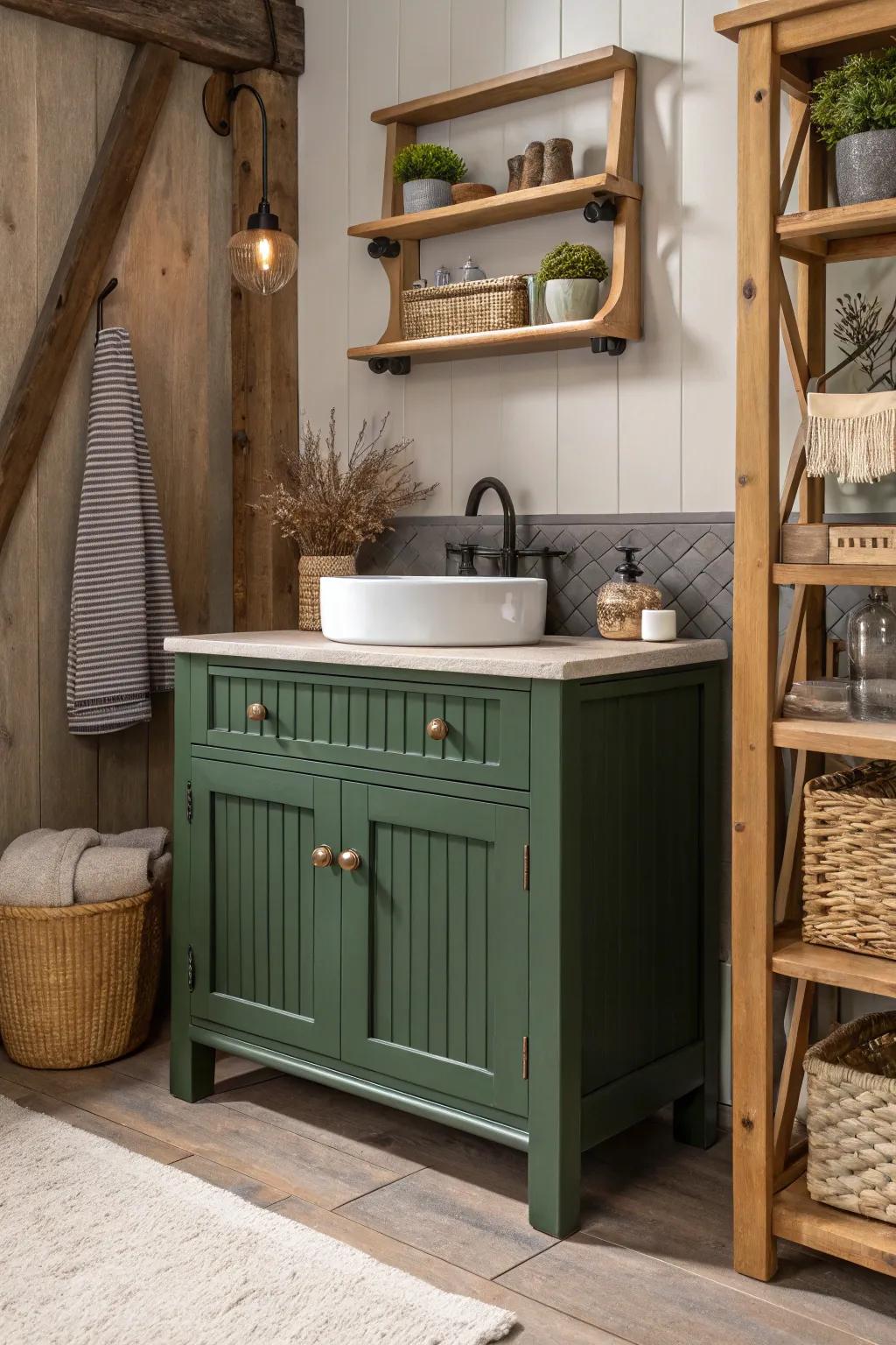 Woodland green vanity showcasing rustic charm with fluted features.