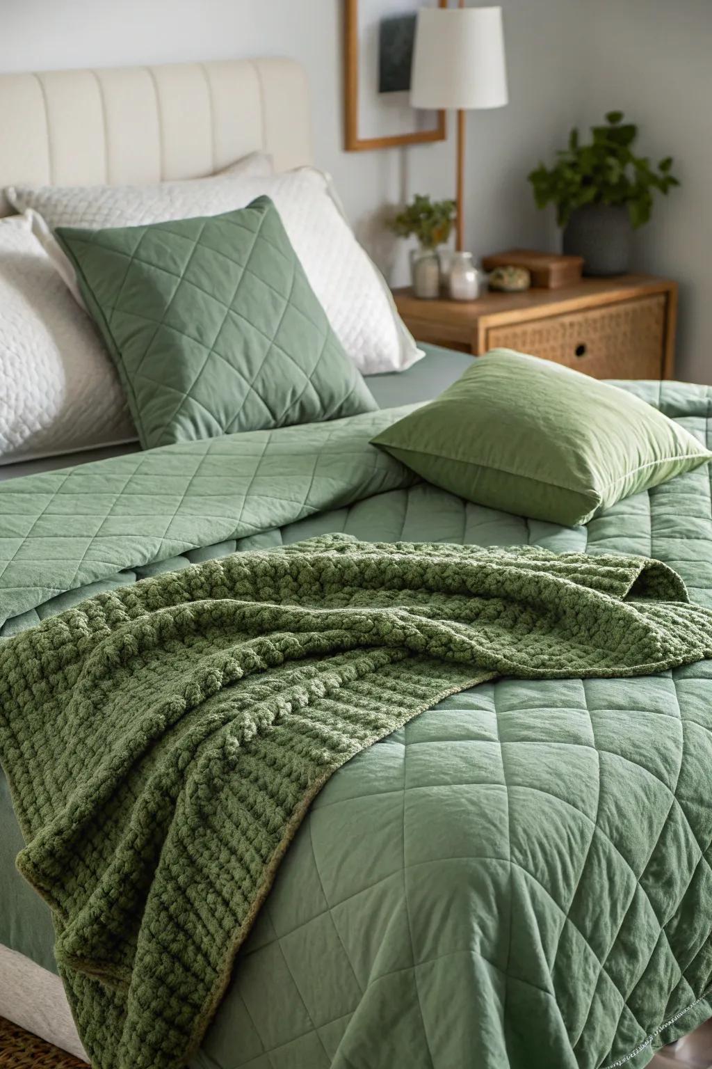 Plush green bedding gives the bedroom both comfort and style.
