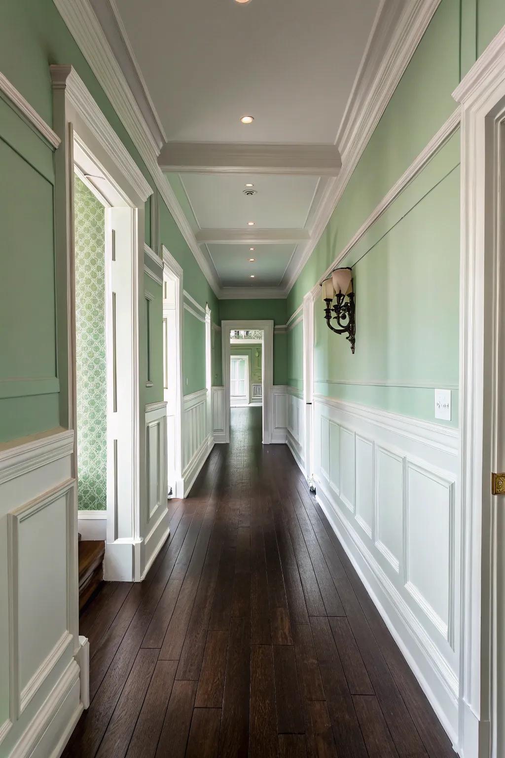 Pale green walls provide an elegant contrast against the dark wooden floors.