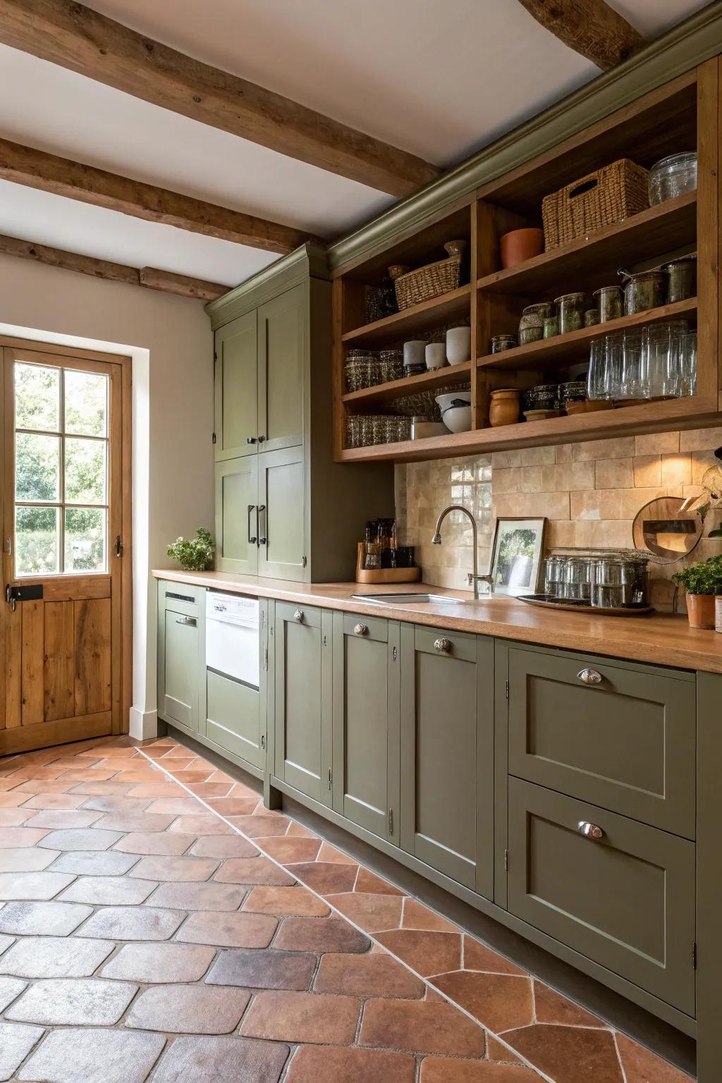 Olive cabinets bring warmth and earthiness to the culinary space.