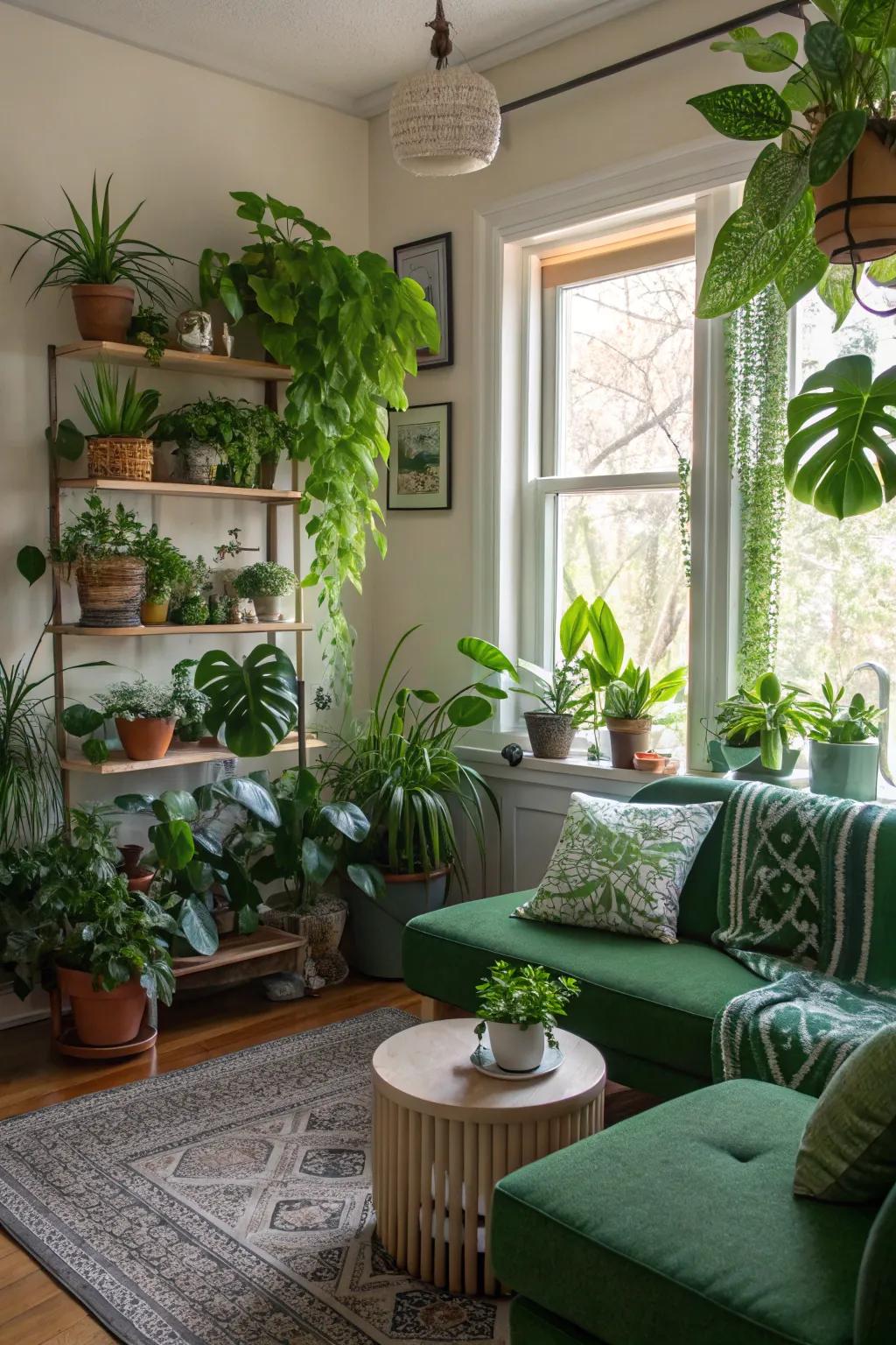 Abundant greenery fills this living room with vibrancy and vitality.