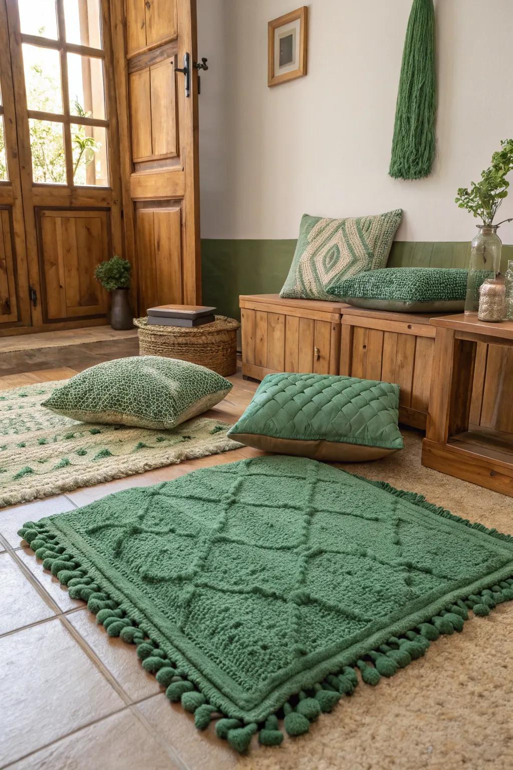 Green textured features adding richness to the overall room design.