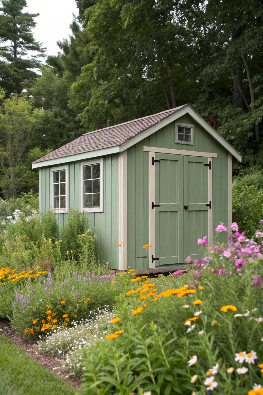A shed painted sage green conveys understated charm and grace.