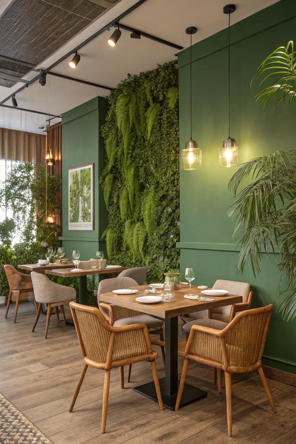 A dining area which utilizes organic design features to embrace nature.
