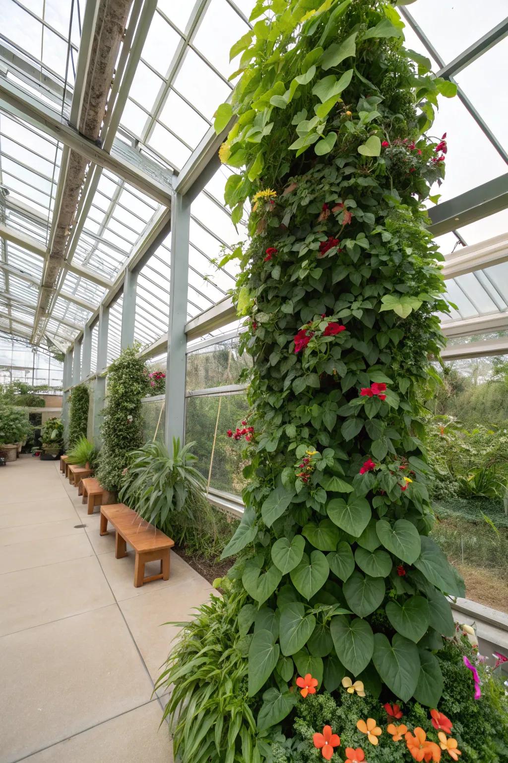 Vertical growing inside a greenhouse, creating a rich, green wall.