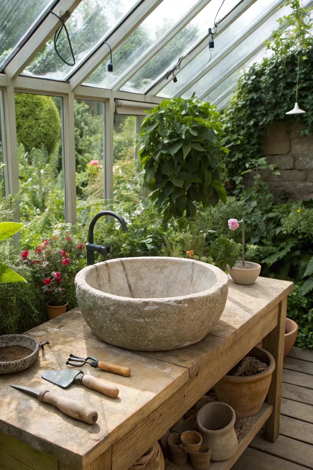A stone sink exudes refinement and blends seamlessly with the natural surroundings.