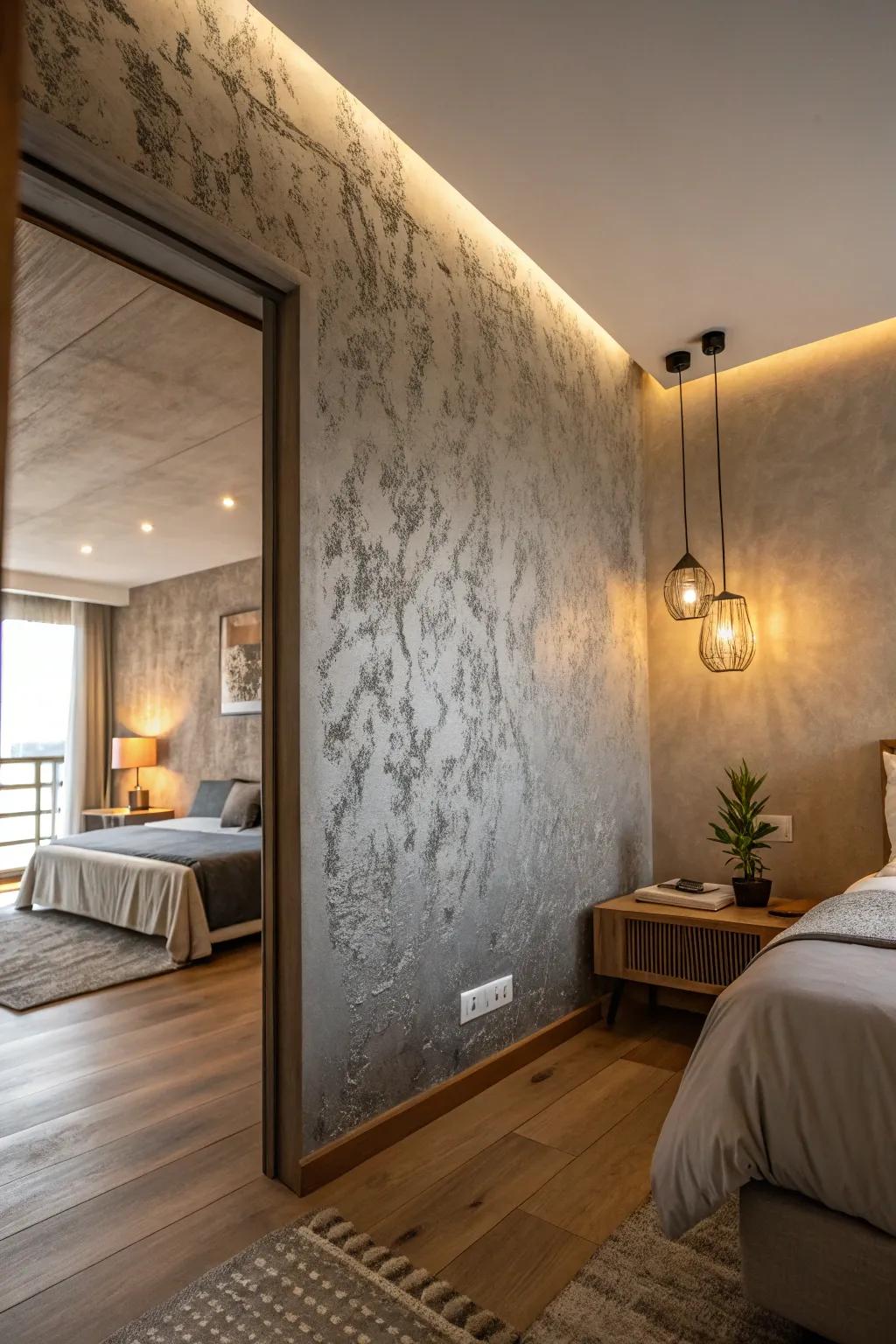 A textured grey accent wall gives depth to this minimalist bedroom.