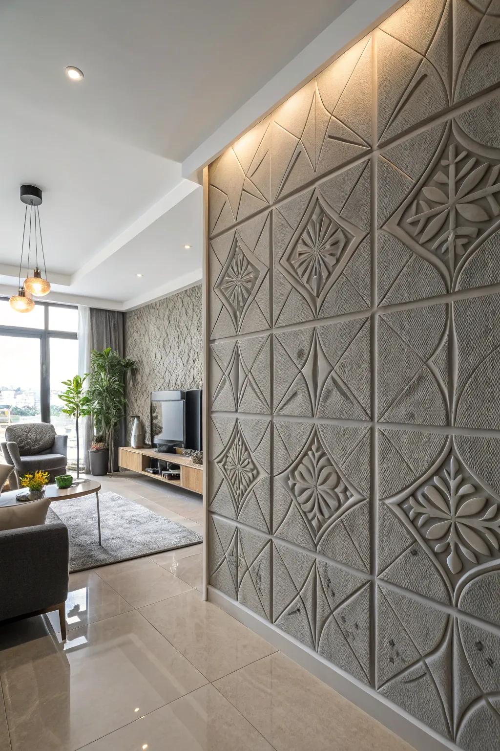 A textured grey accent wall showcasing geometric designs.