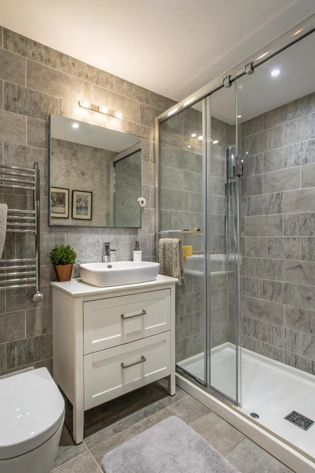 Textured grey tiles add depth and character to this modern bathroom.