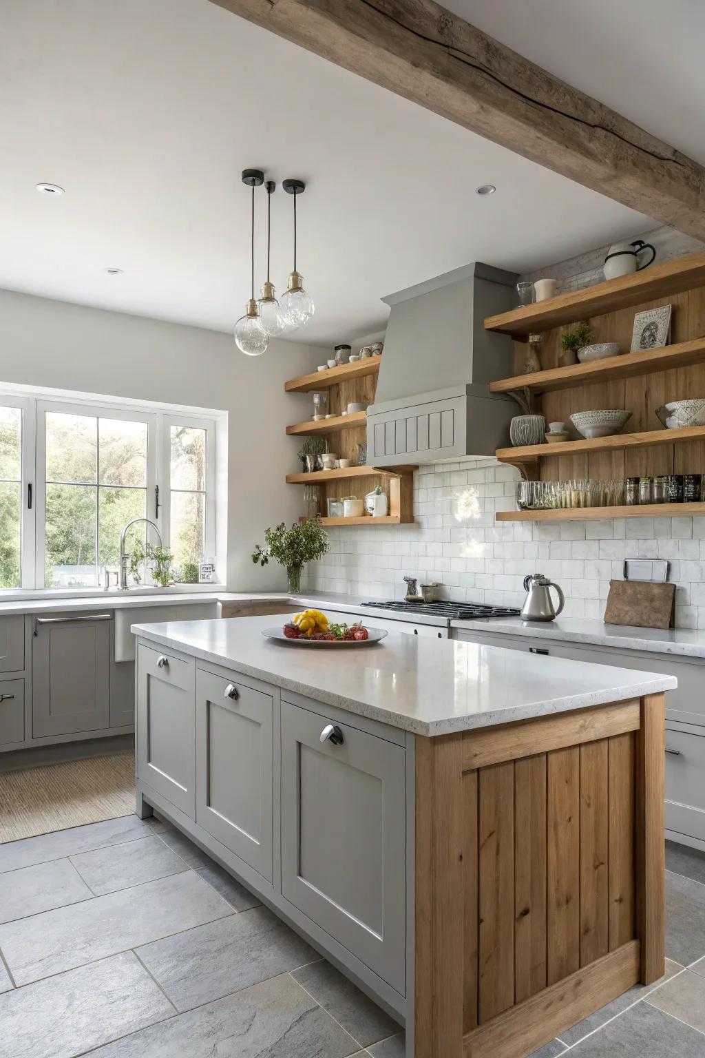 Wooden accents adding warmth to a grey and white kitchen