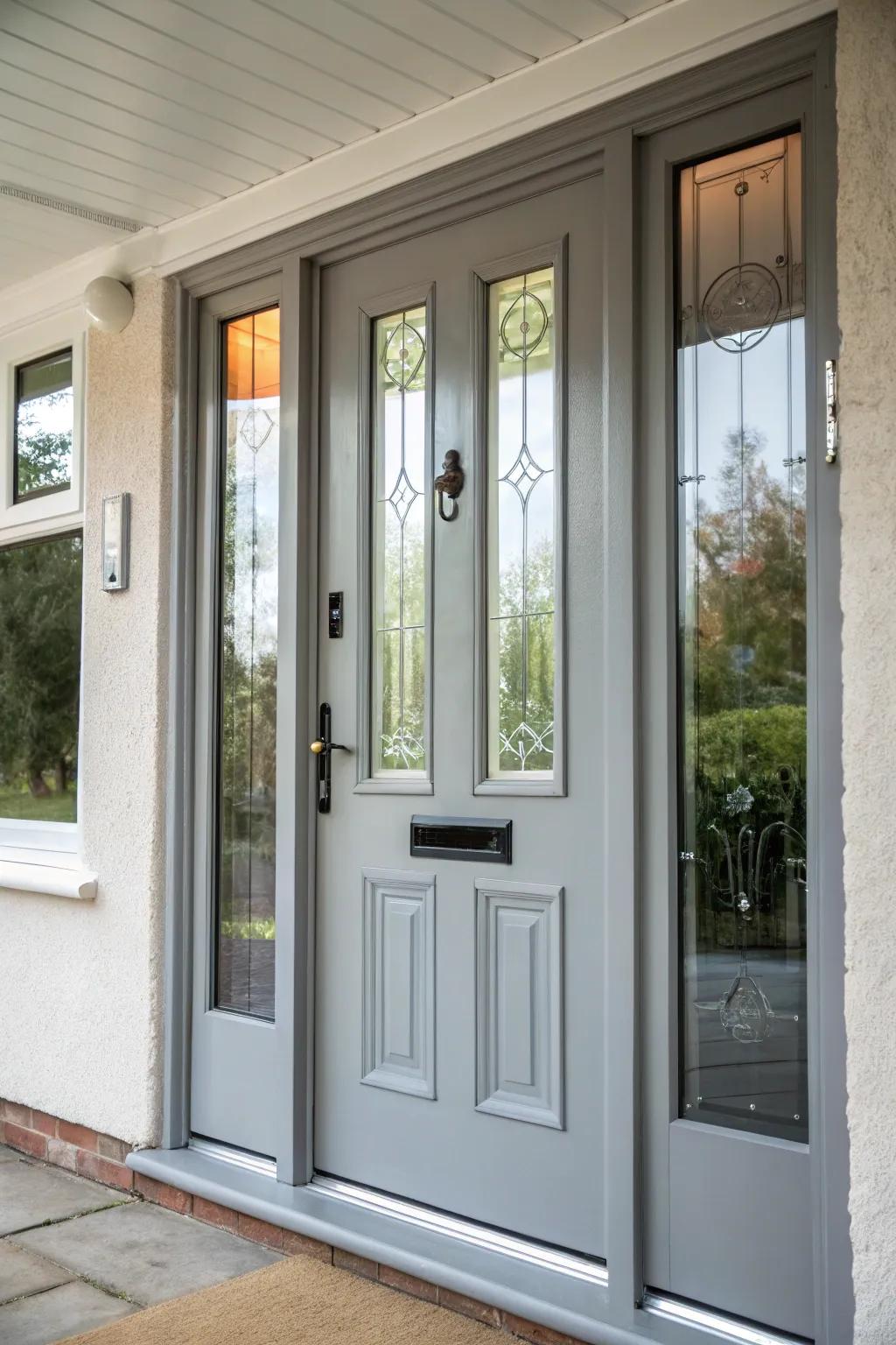 Clear panes brighten this slate-toned mixed-material portal, crafting a welcoming entrance.