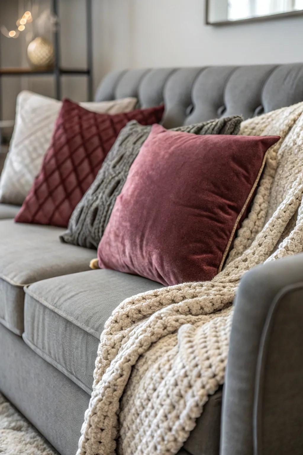 Textural layers on a gray sofa create a full and captivating visual impact.