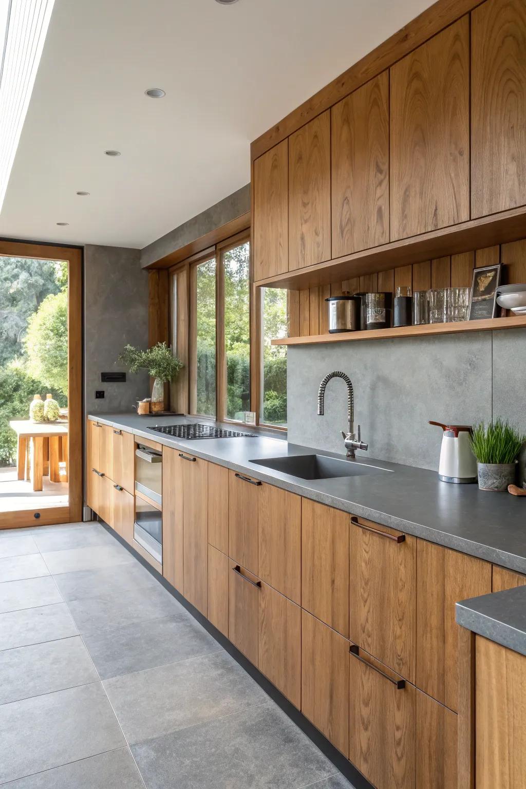 A kitchen featuring textured grey countertops enhanced with warm accents.