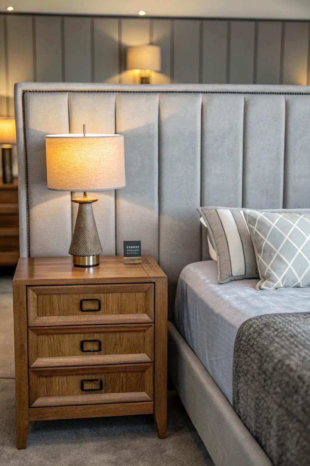 A balanced bedroom design with furniture that matches the grey headboard.