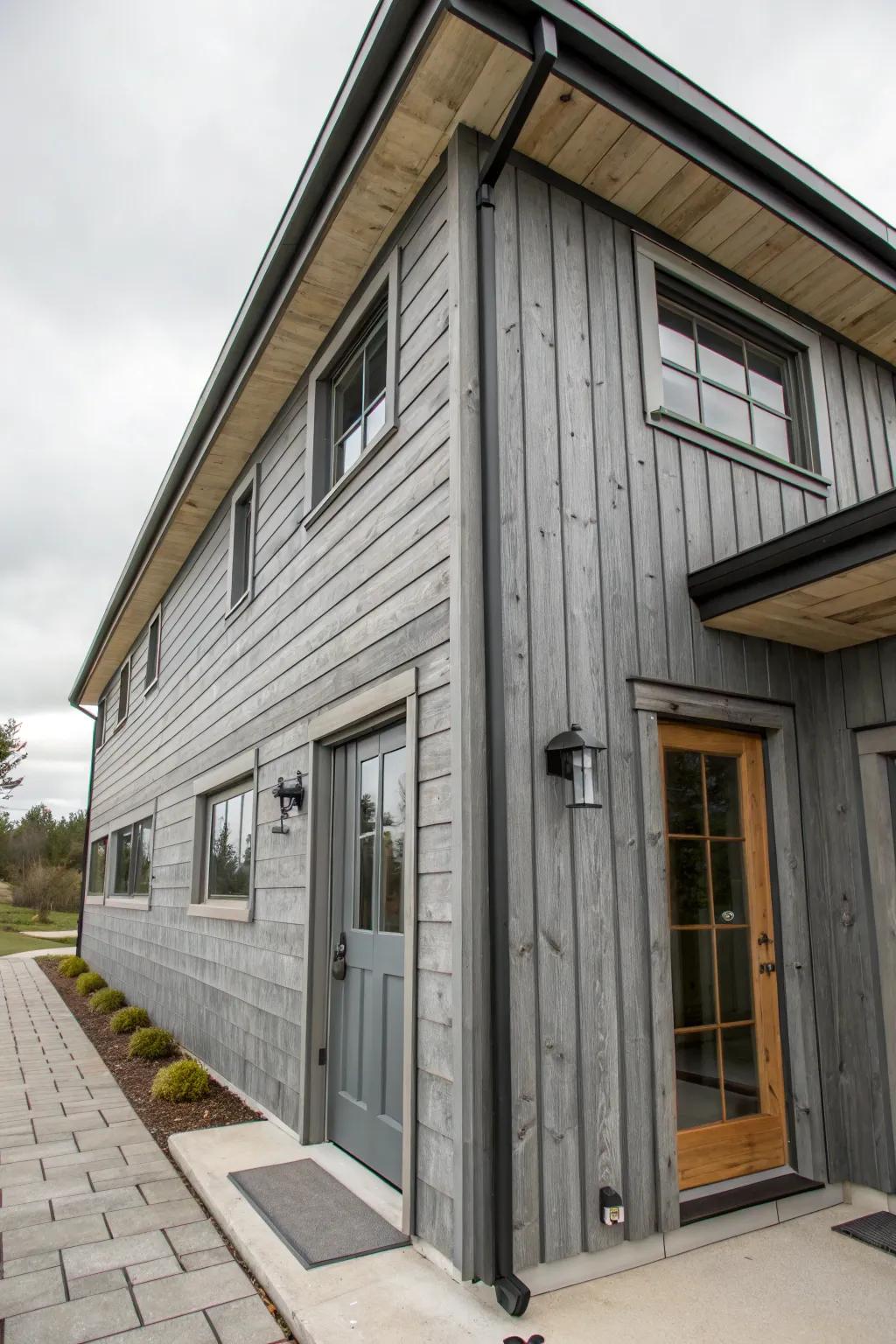 A textured grey facade using cedar and metal.