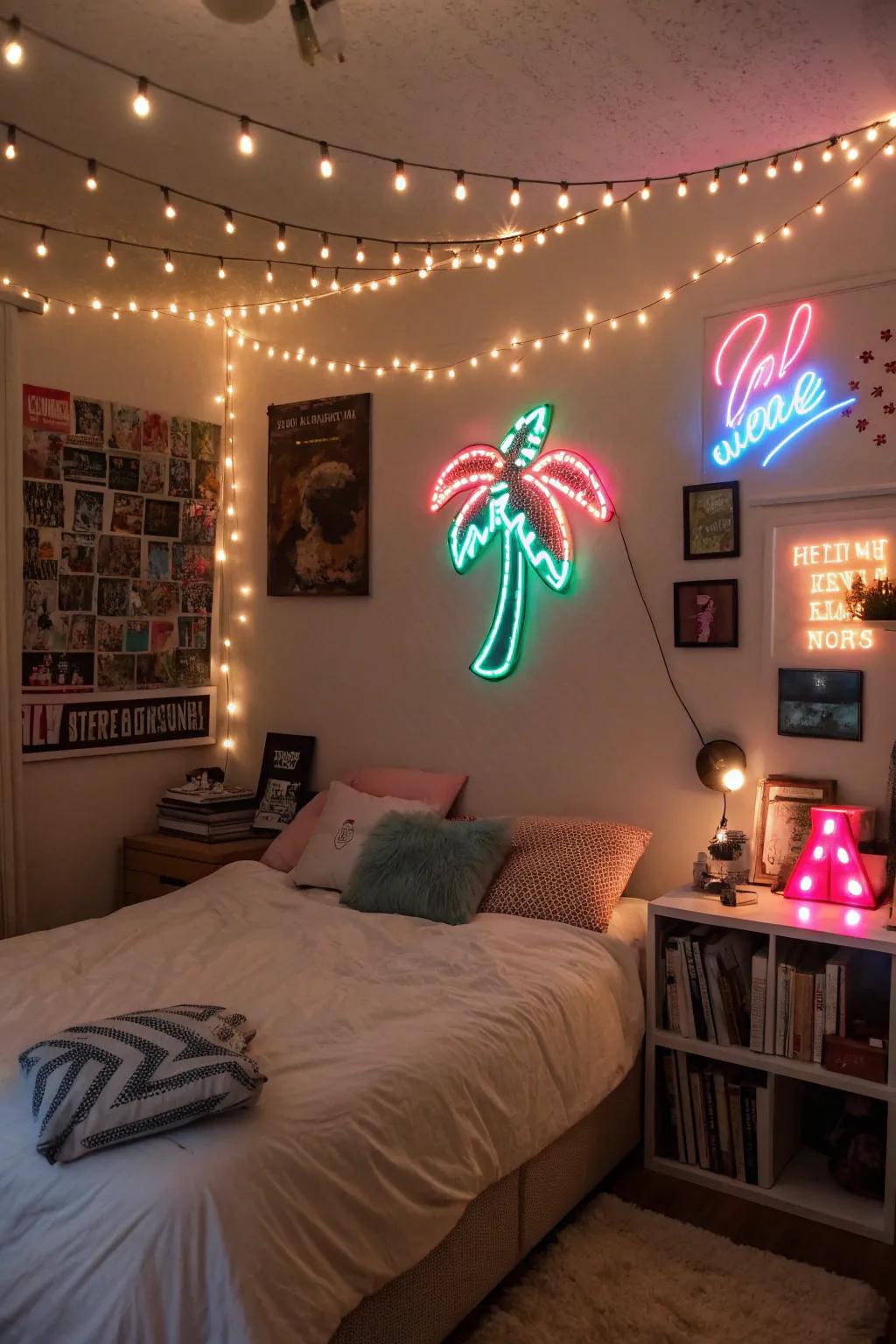 Fairy lights and neon emblems contribute a playful twist to your room.