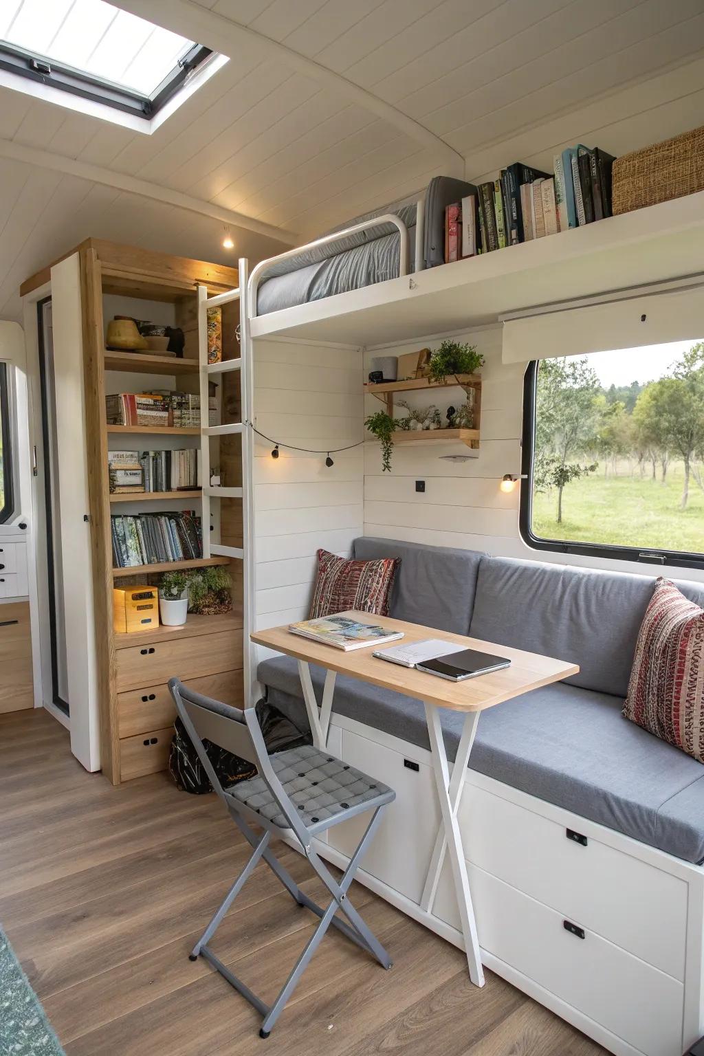 A cleverly designed small guest house that maximizes space with smart furniture choices.