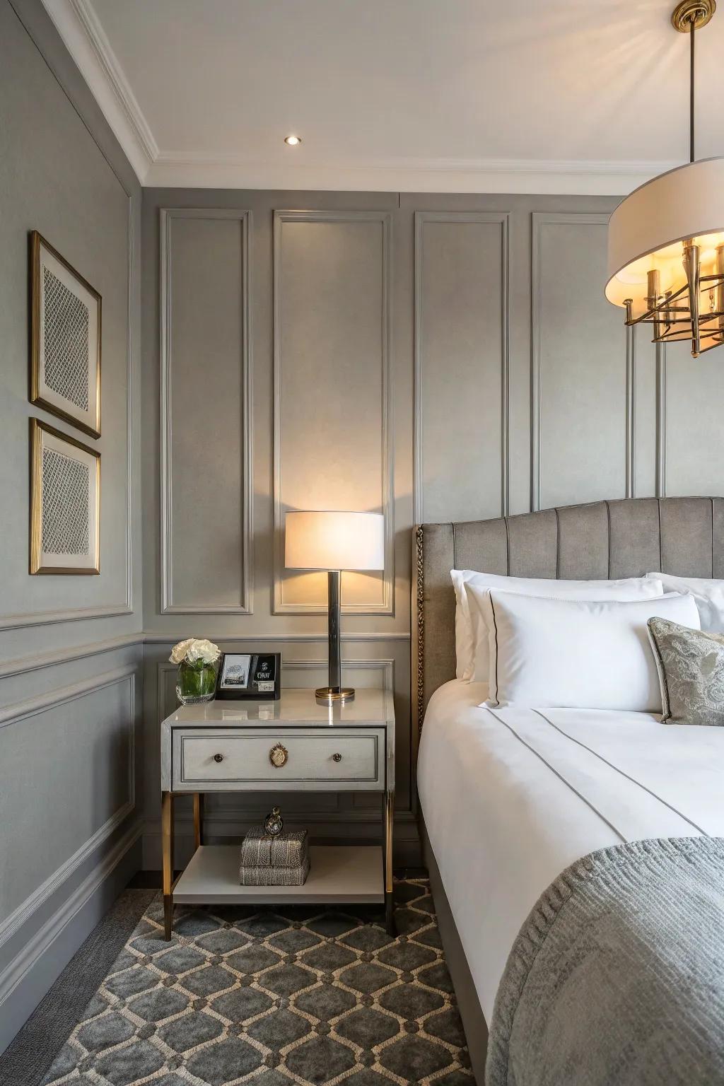 An elegant guest room featuring adaptable grey hints.