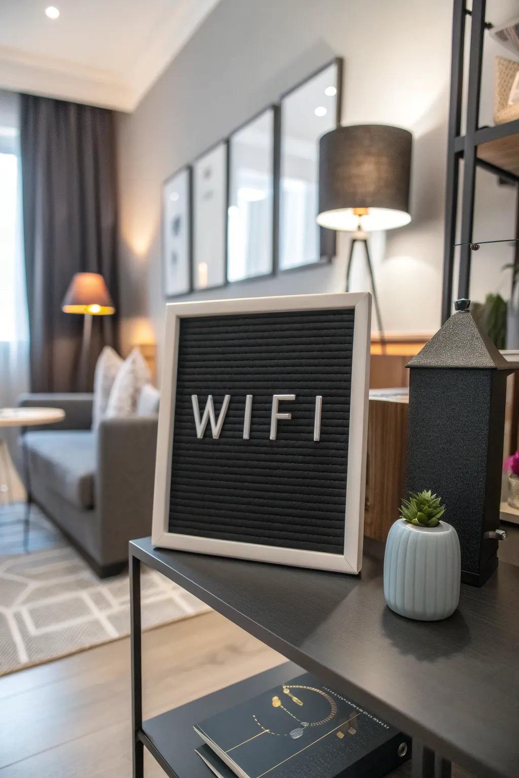 A message board exhibiting WiFi details with a modern sensibility.