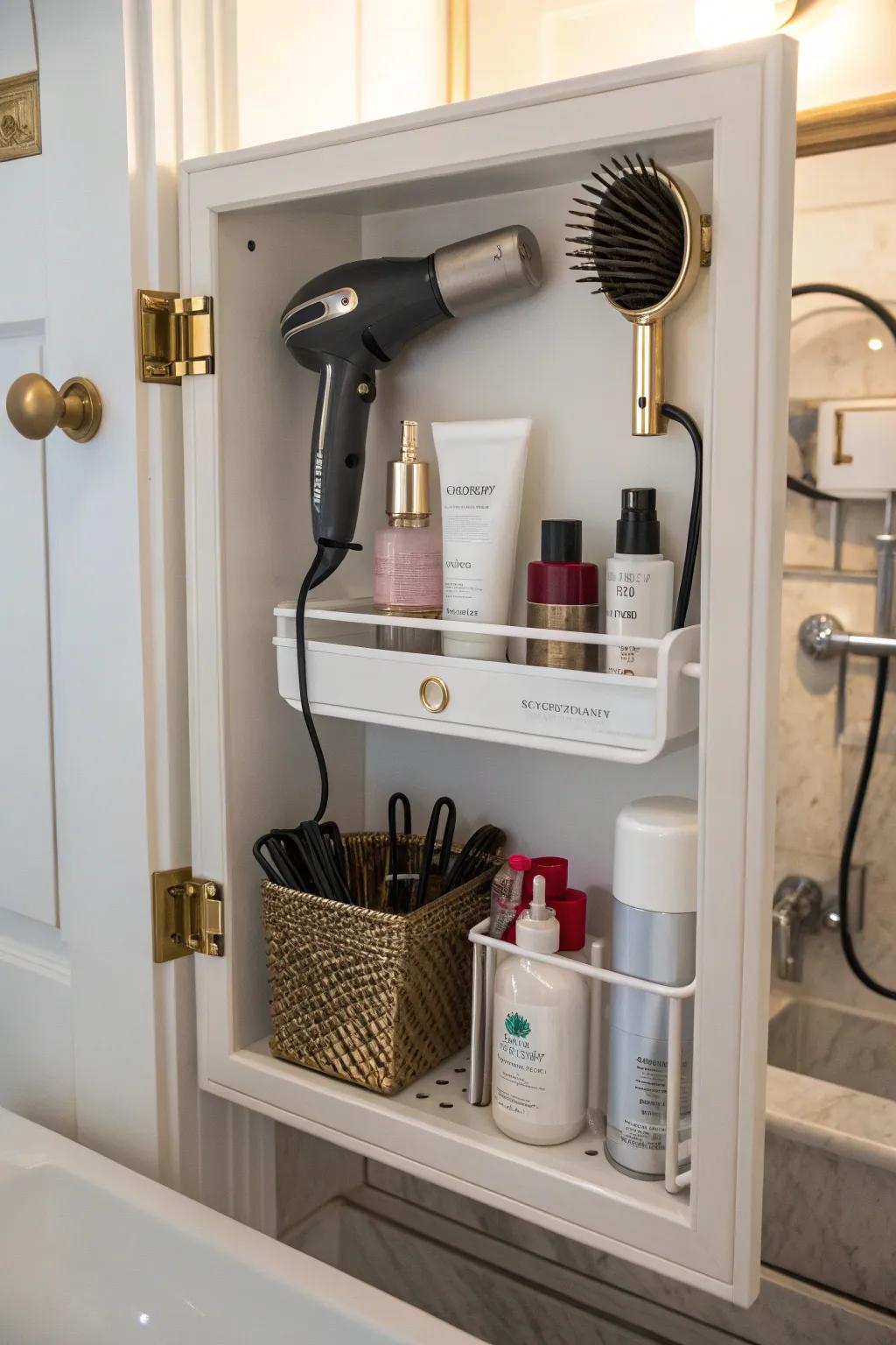 Concealed cabinet door holder for discreet and handy storage.