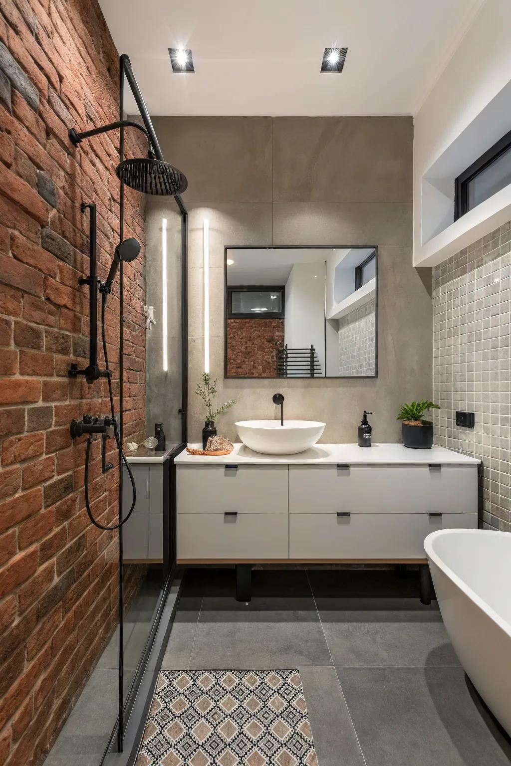 A modern washroom featuring a brick accent, displaying contemporary sophistication.