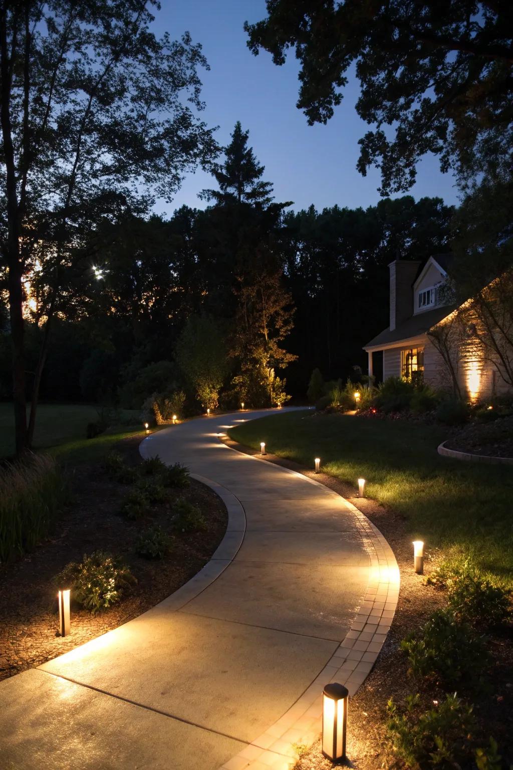 Elegant lighting elements add a dramatic touch to the driveway at night.