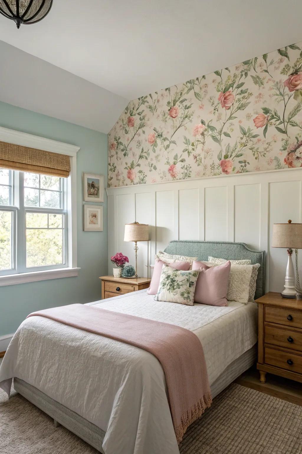 A dreamy bedroom featuring floral wallpaper and pastel paint, creating a romantic and whimsical atmosphere.