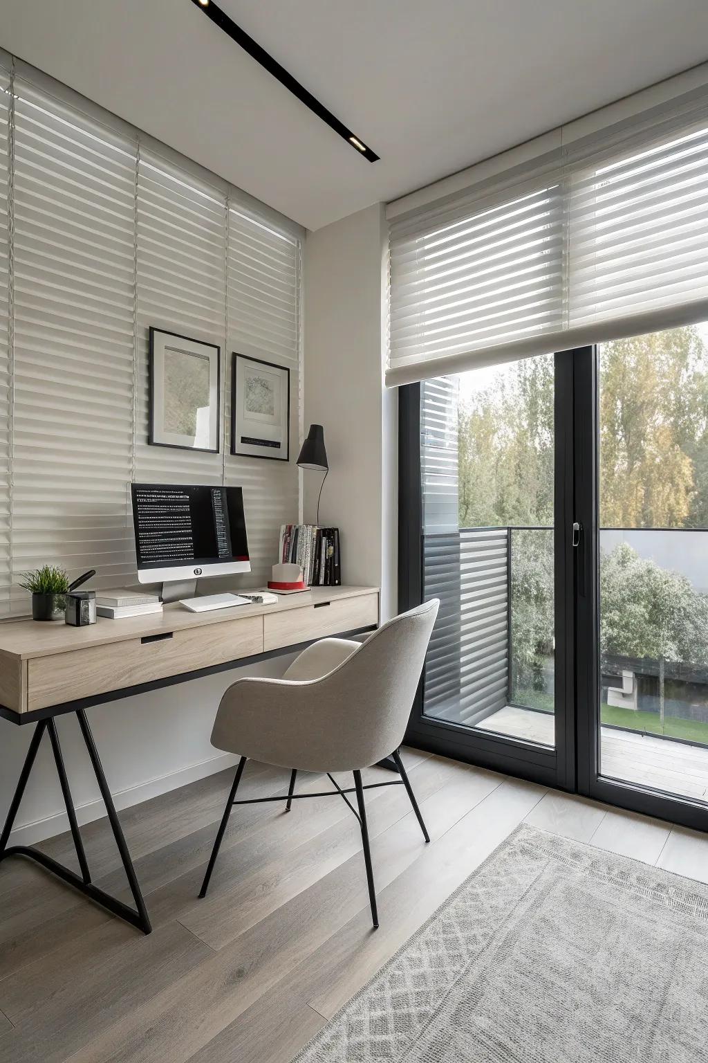 A modern home office is stylishly outfitted with minimalist half blinds.